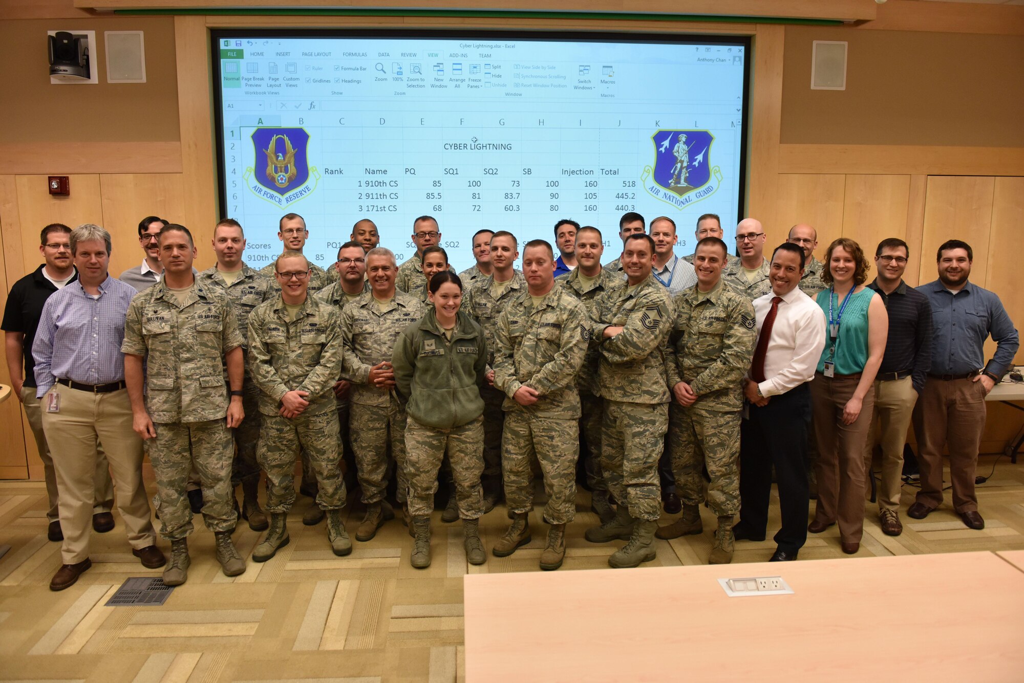 Communications Airmen from the 911th Airlift Wing, the 910th AW and the 171st Air Refueling Wing pose for a group photo during exercise Cyber Lightning at Carnegie Melon University, Pennsylvania, May 18, 2016. Cyber Lightning was a three-day exercise designed to teach Airmen about cyber threats and provide the skills needed to combat them. (U.S. Air Force photo by Airman Beth Kobily)