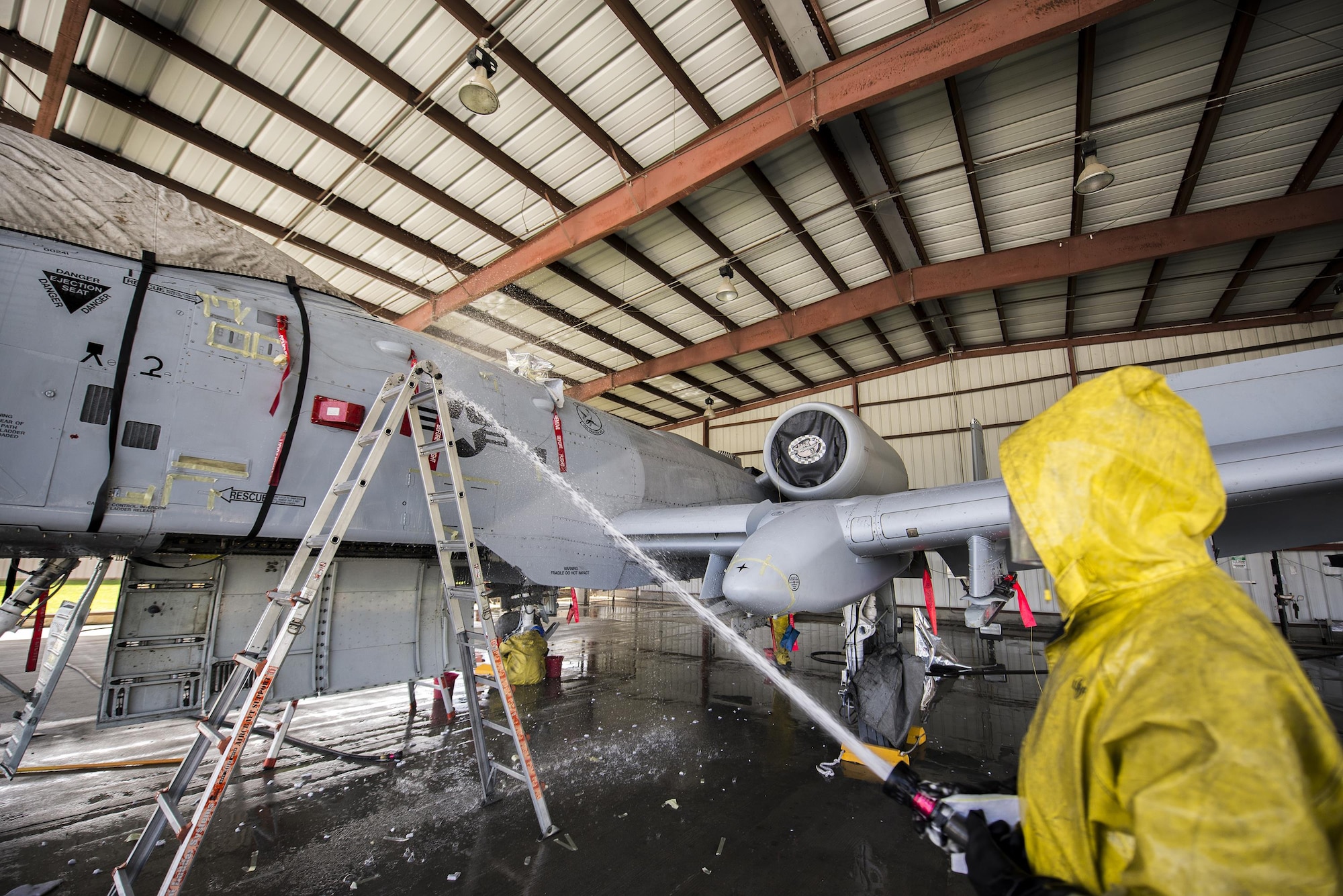 A U.S. Air Force Airman from the 23d Aircraft Maintenance Squadron washes an A-10C Thunderbolt II, June 16, 2016, at Moody Air Force Base, Ga. Maintenance procedures require that the A-10s are washed at least every 180 days. (U.S. Air Force photo by Airman Daniel Snider/Released)