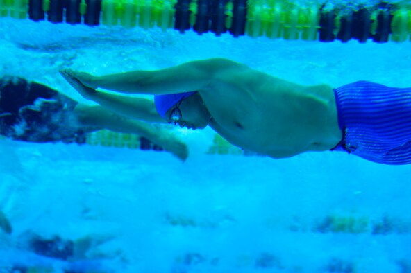 Retired Senior Airman Lucky Lor competes in the swimming finals at the 2016 Department of Defense Warrior Games at the U.S. Military Academy in West Point, N.Y., June 20, 2016. The Warrior Games took place from June 15-21, and is an adaptive sports competition for wounded, ill and injured service members and veterans. (U.S. Air Force photo/Staff Sgt. Carlin Leslie)