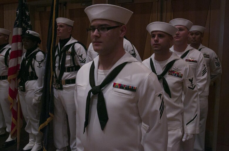 Corpsmen from the Marine Corps Air Ground Combat Center, Twentynine Palms, Calif., prepare to partake in the presentation of colors during the 118th Hospital Corpsman Ball at Pechanga Resort and Casino in Temecula Calif., June 17, 2016. (Official Marine Corps photo by Lance Cpl. Dave Flores/Released)