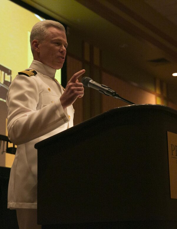 Capt. John Lamberton, commanding officer, Robert E. Bush Naval Hospital, Twentynine Palms, Calif., speaks to his sailors at the beginning of the 118th Hospital Corpsman Ball at Pechanga Resort and Casino in Temecula Calif., June 17, 2016. (Official Marine Corps photo by Lance Cpl. Dave Flores/Released)
