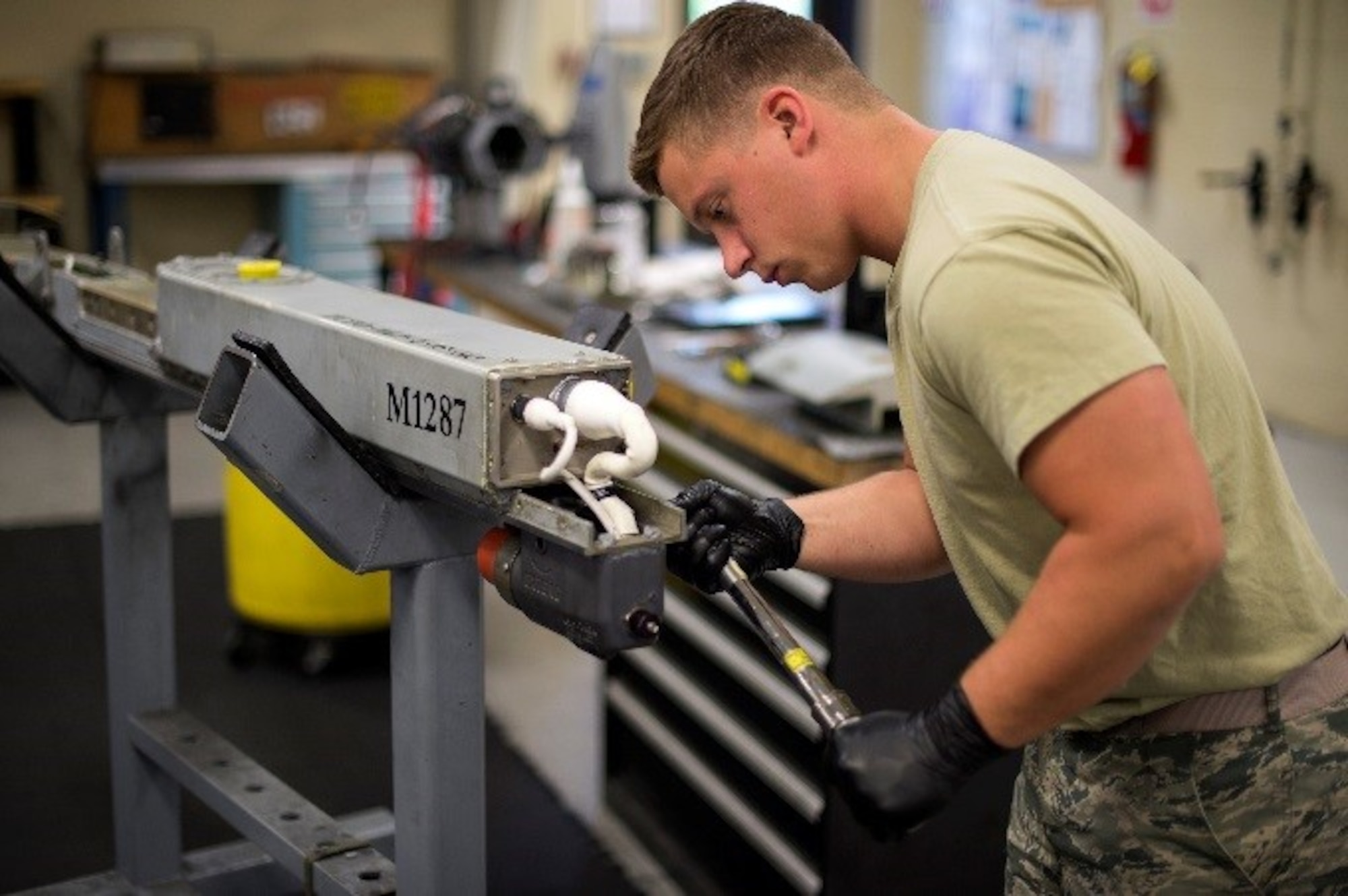 U.S. Air Force Senior Airman Shelby Demorest, 23d Equipment Maintenance Squadron armament technician, checks the torque on a launcher umbilical, June 22, 2016, at Moody Air Force Base, Ga. The Lakeland, Fla., native joined the Marines in 2010 with a job in aviation armament. After his four year contract was up, Demorest went into the Marine Reserves for one year and pursued his new goal of going active duty Air Force. (U.S. Air Force photo by Airman 1st Class Janiqua P. Robinson/Released) 