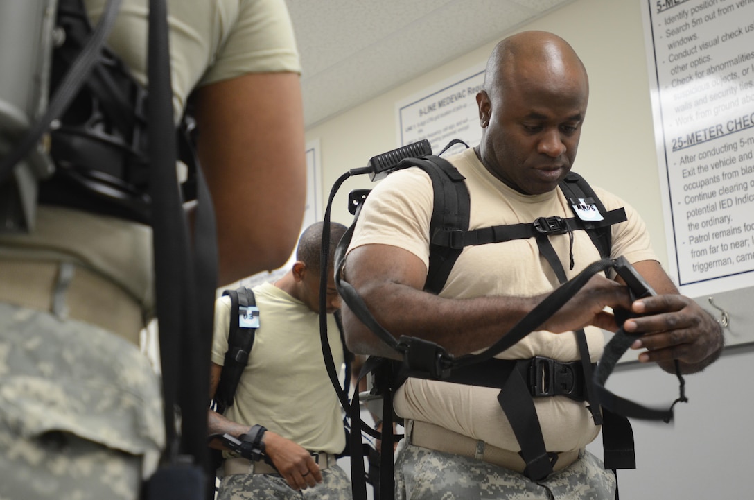 U.S. Army Reserve Soldiers from the 339th Military Police Company out of Davenport, Iowa, and the 138th MP Detachment out of Fort Bragg, N.C., don gear that will immerse them in a virtual world with the Dismounted Soldier Training System (DSTS) during exercise Guardian Justice at Fort McCoy, Wisc., June 21, 2016. The DSTS prepares soldiers for real world challenges through practice in a virtual environment. (U.S. Army photo by Spc. Adam Parent)