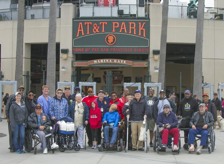 A group of disabled veterans, family members, friends and caregivers pose for a group photo outside AT&T Park, home of the San Francisco Giants May 25. The outing was organized by the Department of California Disabled American Veterans and the U.S. Army Corps of Engineers San Francisco District.  
