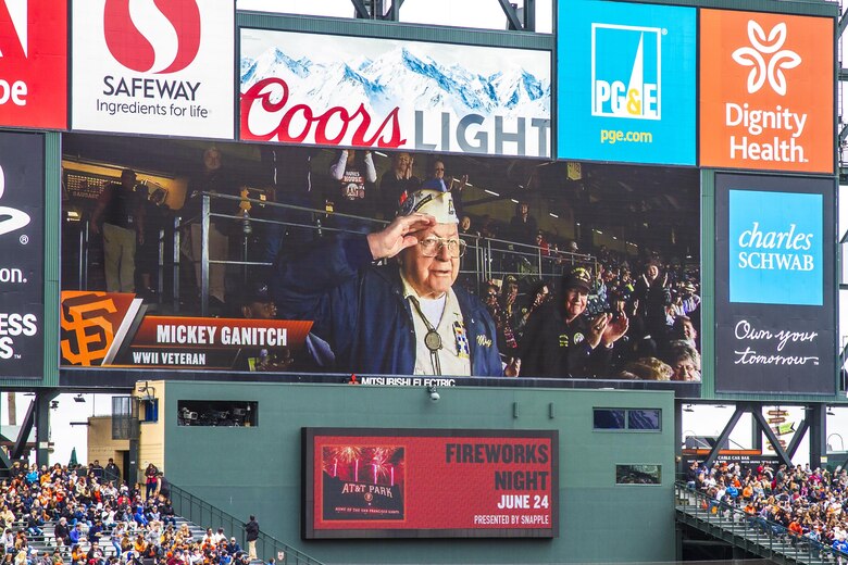 Mickey Ganitch, a Pearl Harbor survivor, is shown on the San Francisco Giants scoreboard May 25. The outing was organized by the Department of California Disabled American Veterans and the U.S. Army Corps of Engineers San Francisco District.