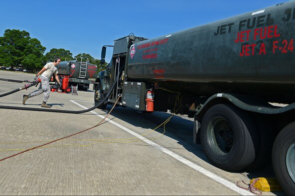 U.S. Air Force Staff Sgt. Tray Martin, 20th Logistics Readiness Squadron fuels distribution supervisor, returns a hose to a fuel truck during a surge at Shaw Air Force Base, S.C., June 21, 2016. Petroleum, oil, and lubricant operators are capable of refueling approximately 30 aircraft in about three hours. (U.S. Air Force photo by Airman 1st Class Christopher Maldonado)