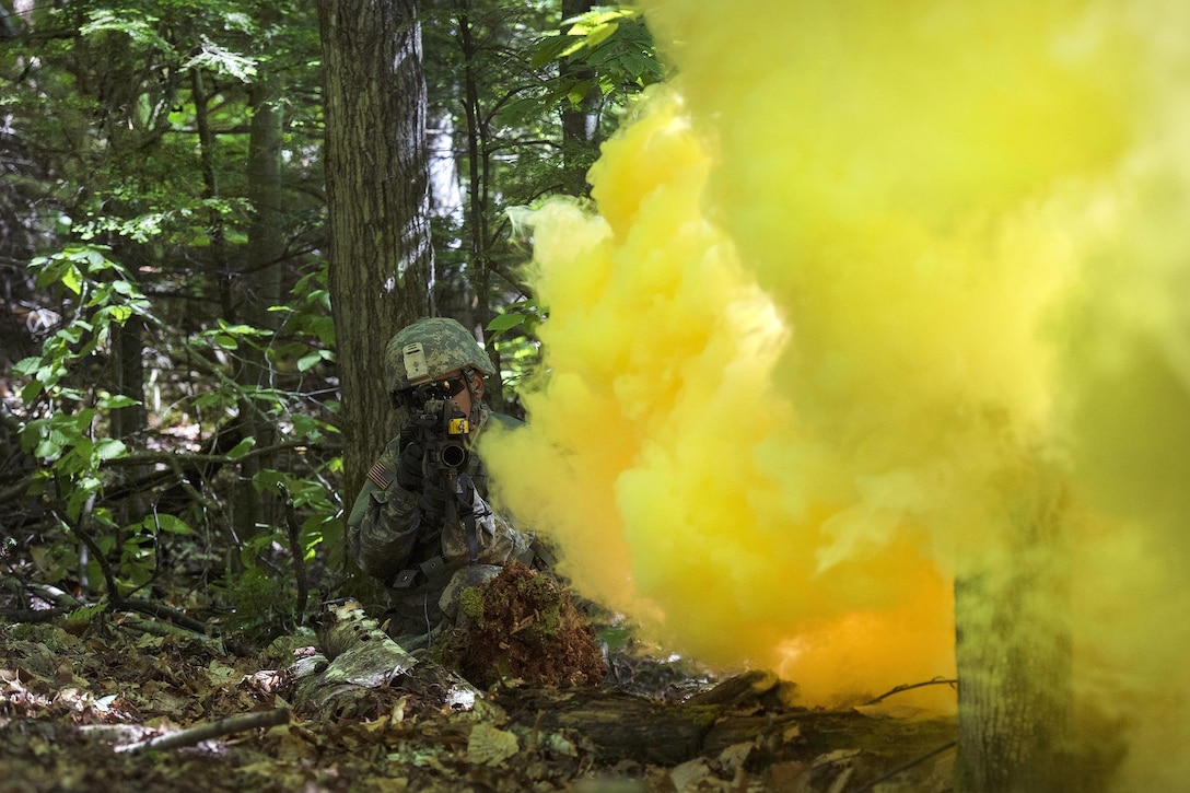 Army Pfc. Saul Hernandez provides security before advancing under the cover of smoke to his next objective during annual training at Camp Ethan Allen Training Site, Jericho, Vt., June 15, 2016. Watkins is assigned to the Vermont National Guard’s Company A, 3rd Battalion, 172nd Infantry Regiment, 86th Infantry Brigade Combat Team. Air National Guard photo by Tech. Sgt. Sarah Mattison