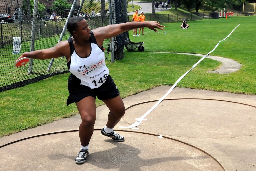 U.S. Army Veteran Sgt. Monica Southall, from Suffolk, Virginia, winds up to throw a discus during the Field event of the 2016 Department of Defense Warrior Games held at the U.S. Military Academy at West Point, New York, June 16. The DoD Warrior Games, June 15-21, is an adaptive sports competition for wounded, ill and injured service members and Veterans. (U.S. Army photo by Master Sgt. D. Keith Johnson/Released)