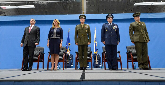 Secretary of Defense Ashton Carter, Secretary of the Air Force Deborah Lee James, Chairman of the Joint Chiefs of Staff Gen. Joseph F. Dunford Jr., Air Force Chief of Staff Gen. Mark A. Welsh III and Welsh's son 1st Lt. Matthew Welsh, stand during Welsh's retirement ceremony at Joint Base Andrews, Md., June 24, 2016.  Welsh has served as the 20th chief of staff since 2012. (U.S. Air Force photo/Tech. Sgt. Joshua L. DeMotts)