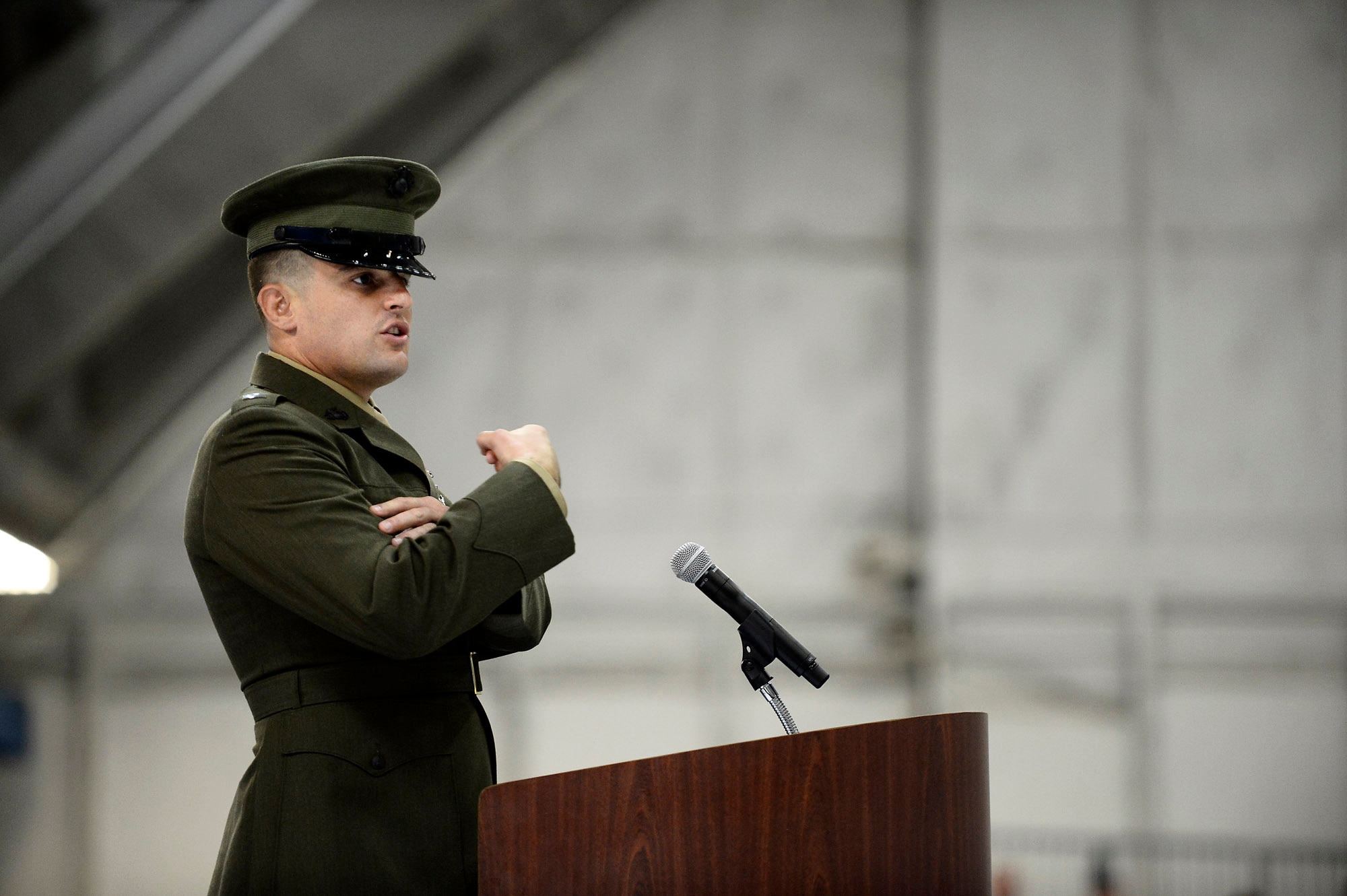 Marine Corps 1st Lt. Matthew Welsh tells why he became a Marine during a retirement ceremony for his father, Air Force Chief of Staff Gen. Mark A. Welsh III, at Joint Base Andrews, Md., June 24, 2016.  Welsh has served as the 20th chief of staff since 2012. (U.S. Air Force photo/Tech. Sgt. Joshua L. DeMotts)