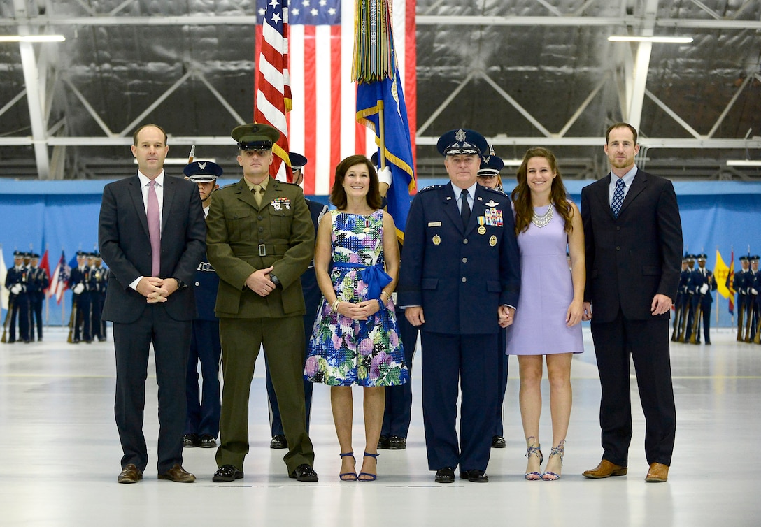 Air Force Chief of Staff Gen. Mark A. Welsh III stands with his family, sons Mark A. Welsh IV and Marine Corps 1st Lt. Matthew Welsh; his wife, Betty; daughter, Liz; and son, John, during Welsh's retirement ceremony at Joint Base Andrews, Md., June 24, 2016.  Welsh has served as the 20th chief of staff since 2012. (U.S. Air Force photo/Tech. Sgt. Joshua L. DeMotts)