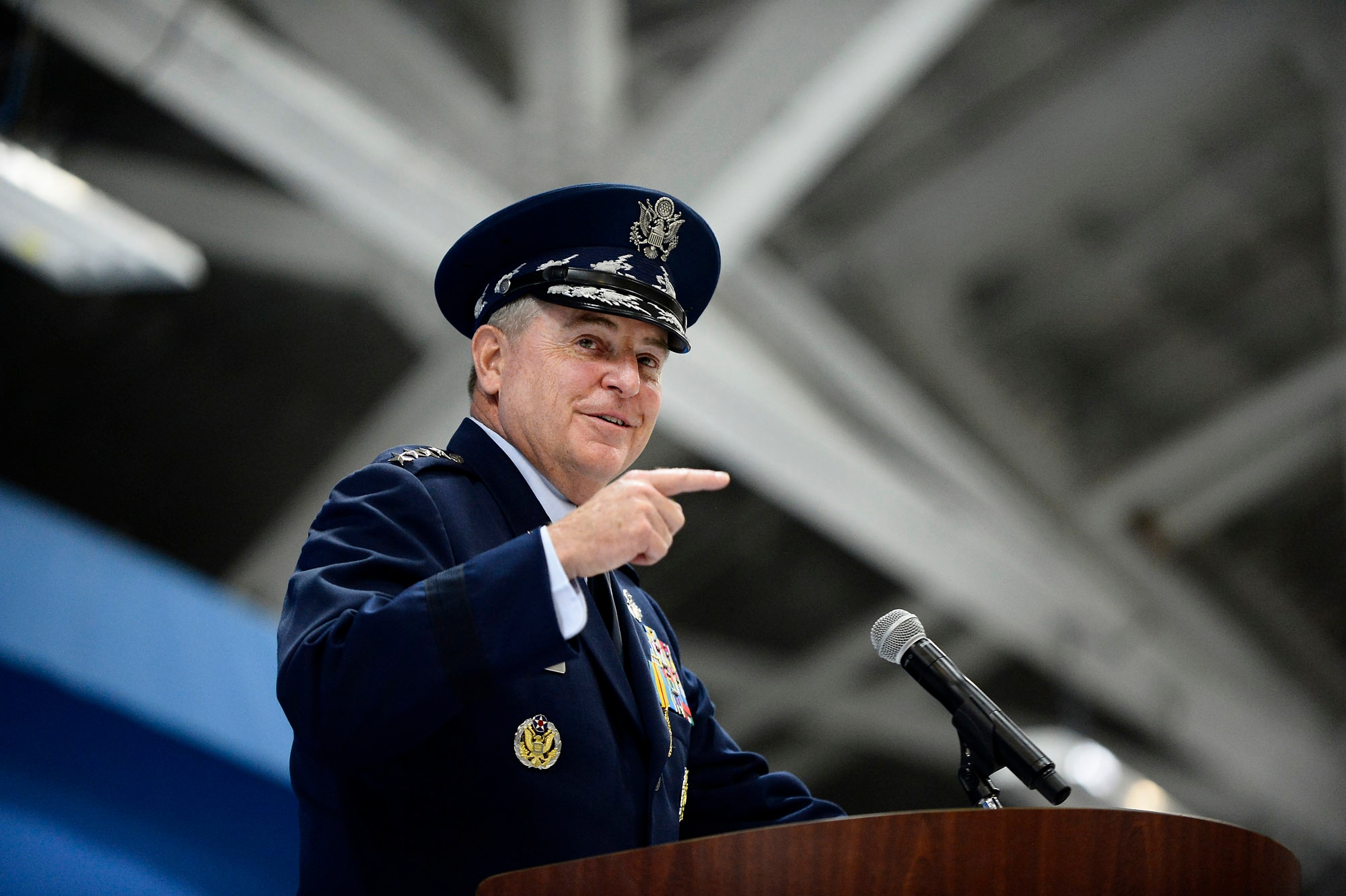 Air Force Chief of Staff Gen. Mark A. Welsh III thanks his family during his retirement ceremony at Joint Base Andrews, Md., June 24, 2016.  Welsh has served as the 20th chief of staff since 2012. (U.S. Air Force photo/Tech. Sgt. Joshua L. DeMotts)