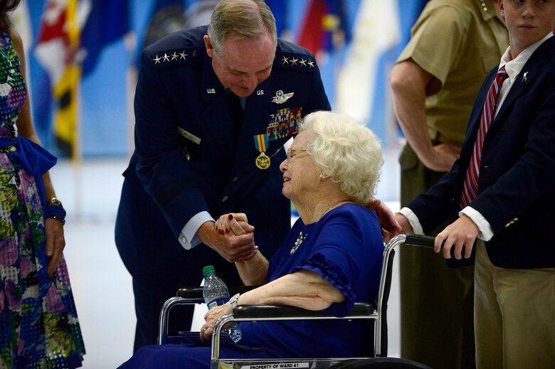 Air Force Chief of Staff Gen. Mark A. Welsh III has a moment with his mother following his retirement ceremony at Joint Base Andrews, Md., June 24, 2016.  Welsh has served as the 20th chief of staff since 2012. (U.S. Air Force photo/Tech. Sgt. Joshua L. DeMotts)