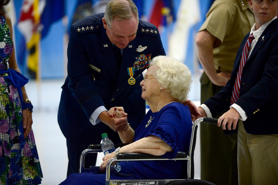 Air Force Chief of Staff Gen. Mark A. Welsh III has a moment with his mother following his retirement ceremony at Joint Base Andrews, Md., June 24, 2016.  Welsh has served as the 20th chief of staff since 2012. (U.S. Air Force photo/Tech. Sgt. Joshua L. DeMotts)