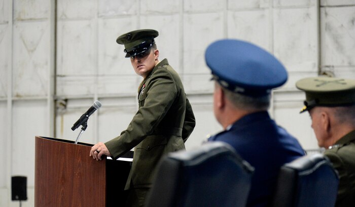 Marine Corps 1st Lt. Matthew Welsh speaks about his father, Air Force Chief of Staff Gen. Mark A. Welsh III, during his retirement ceremony at Joint Base Andrews, Md., June 24, 2016.  Welsh has served as the 20th chief of staff since 2012. (U.S. Air Force photo/Andy Morataya)