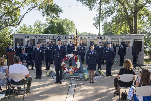 Airmen from the 33rd Fighter Wing represent the 19 Airmen who lost their lives at the Khobar Towers terrorist attack 20 years ago during the Khobar Towers Memorial Ceremony June 24, 2016, at Eglin Air Force Base, Fla. The bombing at Khobar Towers in Dhahran, Saudi Arabia, resulted in more than 500 civilian and military casualties. The 33rd FW suffered 105 wounded personnel and accounted for 12 of the 19 Airmen killed on that day. (U.S. Air Force photo by Senior Airman Stormy Archer/Released)