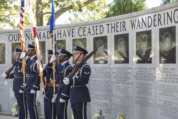 The Eglin Air Force Base Honor Guard presents the colors at the Khobar Towers Memorial Ceremony on Eglin Air Force Base, Fla., June 24, 2016. The ceremony marked the 20th anniversary of the Khobar Towers terrorist attack, honored the 19 Airmen who lost their lives and paid tribute to the families and survivors. (U.S. Air Force photo by Senior Airman Stormy Archer/Released)