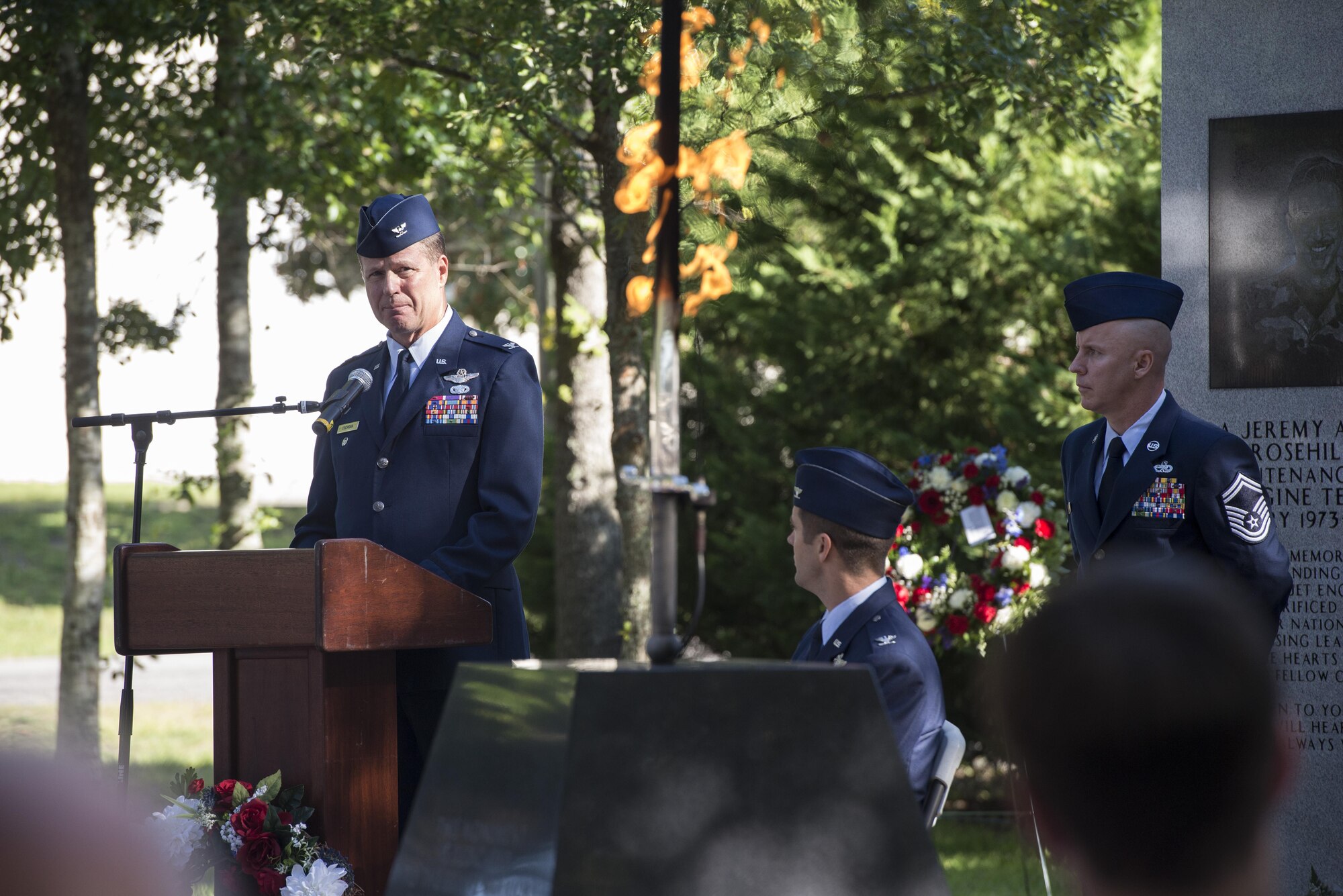 Retired Col. Doug Cochran, commander of the 58th Tactical Fighter Squadron at the time of the Khobar Towers bombing, reflects on his experience from the night of the Khobar Towers terrorist attack June 24, 2016, during the Khobar Towers Memorial Ceremony at Eglin Air Force Base, Fla. The June 25, 1996, bombing at Khobar Towers in Dhahran, Saudi Arabia, resulted in more than 500 civilian and military casualties. The 33rd FW suffered 105 wounded personnel and accounted for 12 of the 19 Airmen killed on that day. (U.S. Air Force photo by Senior Airman Stormy Archer/Released)