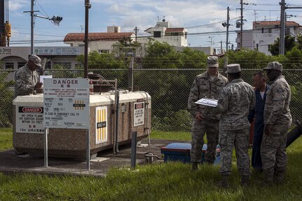 Airmen assigned to the 18th Wing conduct an organizational tank inspection June 21, 2016, at Kadena Air Base, Japan. The inspection was of two convault tanks that are maintained by the 18th Civil Engineer Squadron water fuel system maintenance (WFSM) team. After the inspection was completed, the 18th CES WFSM team was informed of any issues that needed to be resolved. 