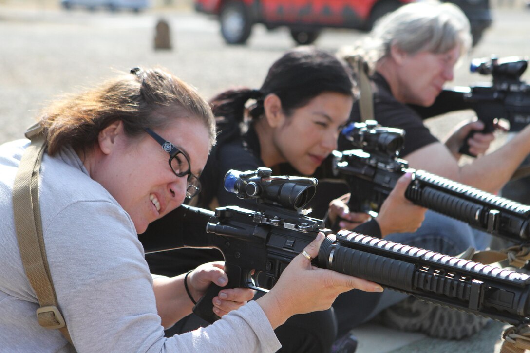 Jaymie Dean, Olinda Cazares, and Christine Jochimsen, high school educators from Los Angeles, sights in on their targets prior to conducting live-fire on the rifle range with the M16A4 service rifle during Recruiting Station Los Angeles’ 2016 Educators Workshop at Marine Corps Base Camp Pendleton, Calif., June 16. High School educators, consisting of teachers, coaches, and counselors from Los Angeles took part in joint educators workshop with Recruiting Stations San Diego and San Francisco. The workshop was a week-long, June 13-17, event in San Diego where educators got an opportunity to see recruit training firsthand, talk with Marine Corps drill instructors, and recruits in training, and was able to talk to active-duty Marines while aboard a Marine Corps installation. Thirty-one educators from the Los Angeles area made the annual trip. Each visit lasts one week, and participants also experience life on Marine Corps Base Camp Pendleton and Marine Corps Airs Station Miramar. (U.S. Marine Corps photo by Staff Sgt. Alicia R. Leaders/Released)