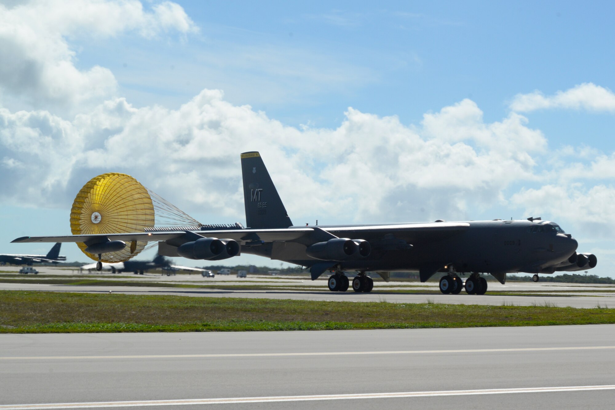 A U.S Air Force B-52 Stratofortress bomber from Minot Air Force Base, North Dakota, lands June 15, 2016, at Andersen Air Force Base, Guam. The aircraft is deployed in support of U.S. Pacific Command’s Continuous Bomber Presence operations. (U.S. Air Force photo by Airman 1st Class Alexa Ann Henderson/Released)