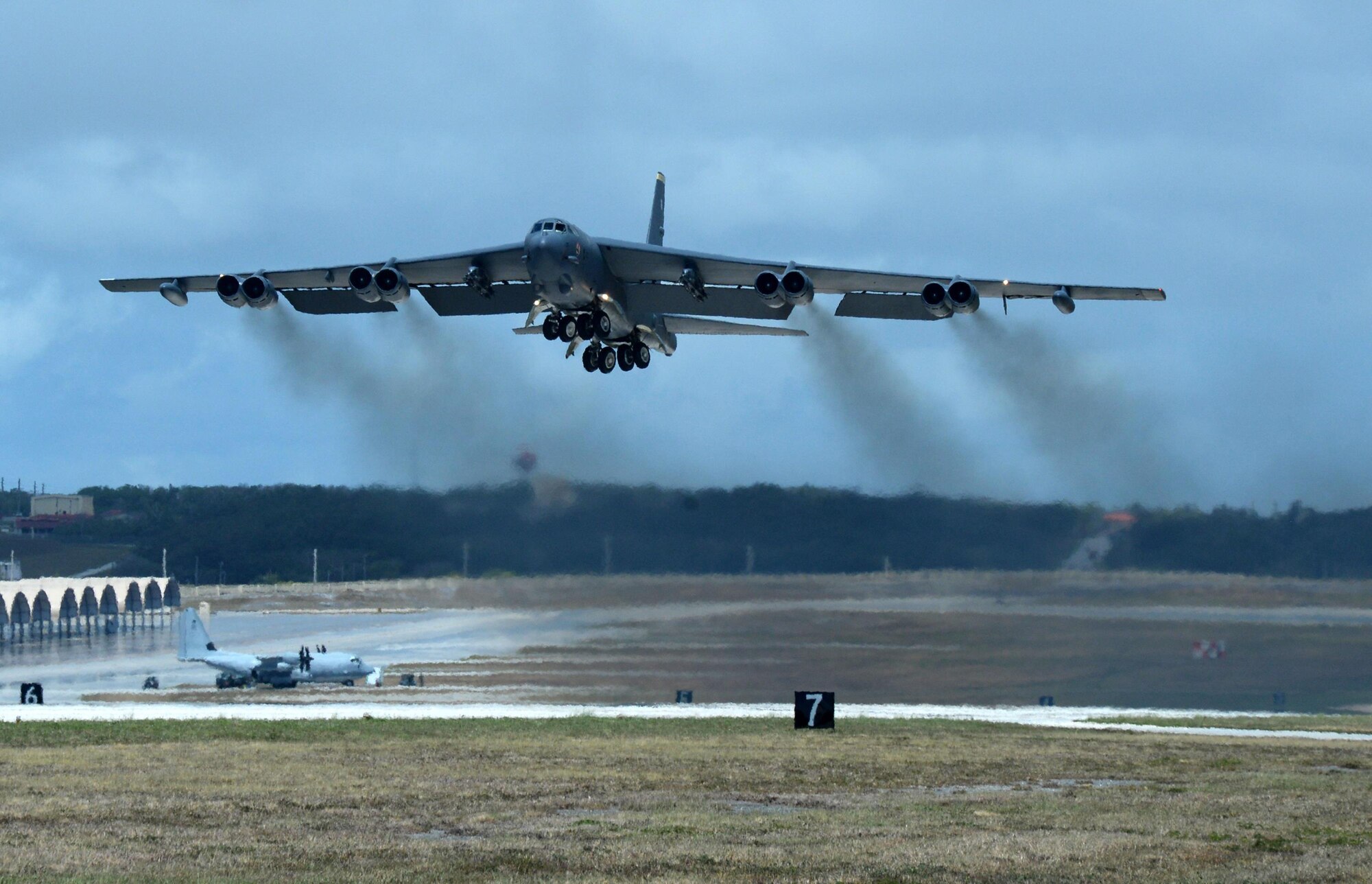 A U.S Air Force B-52 Stratofortress bomber from Minot Air Force Base, North Dakota, takes flight June 16, 2016, at Andersen Air Force Base, Guam. The aircraft is deployed in support of U.S. Pacific Command’s Continuous Bomber Presence operations. This forward deployed presence demonstrates continuing U.S. commitment to stability and security in the Indo-Asia-Pacific region. (U.S. Air Force photo by Airman 1st Class Alexa Ann Henderson/Released)