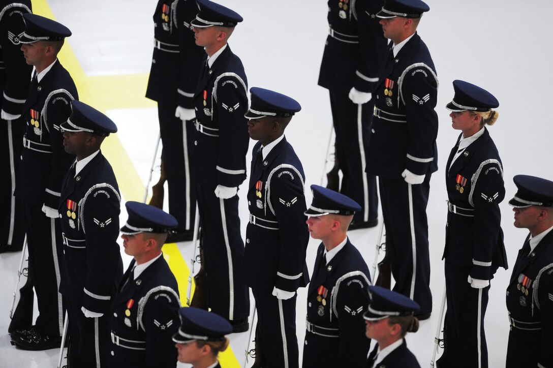 U.S. Air Force Honor Guardsmen stand in formation during Air Force Chief of Staff Gen. Mark Welsh III’s retirement ceremony at Joint Base Andrews, Md., June 24, 2016. Welsh retired effective July 1, 2016 after 40 years of honorable military service. (U.S. Air Force photo by Senior Airman Joshua R. M. Dewberry)