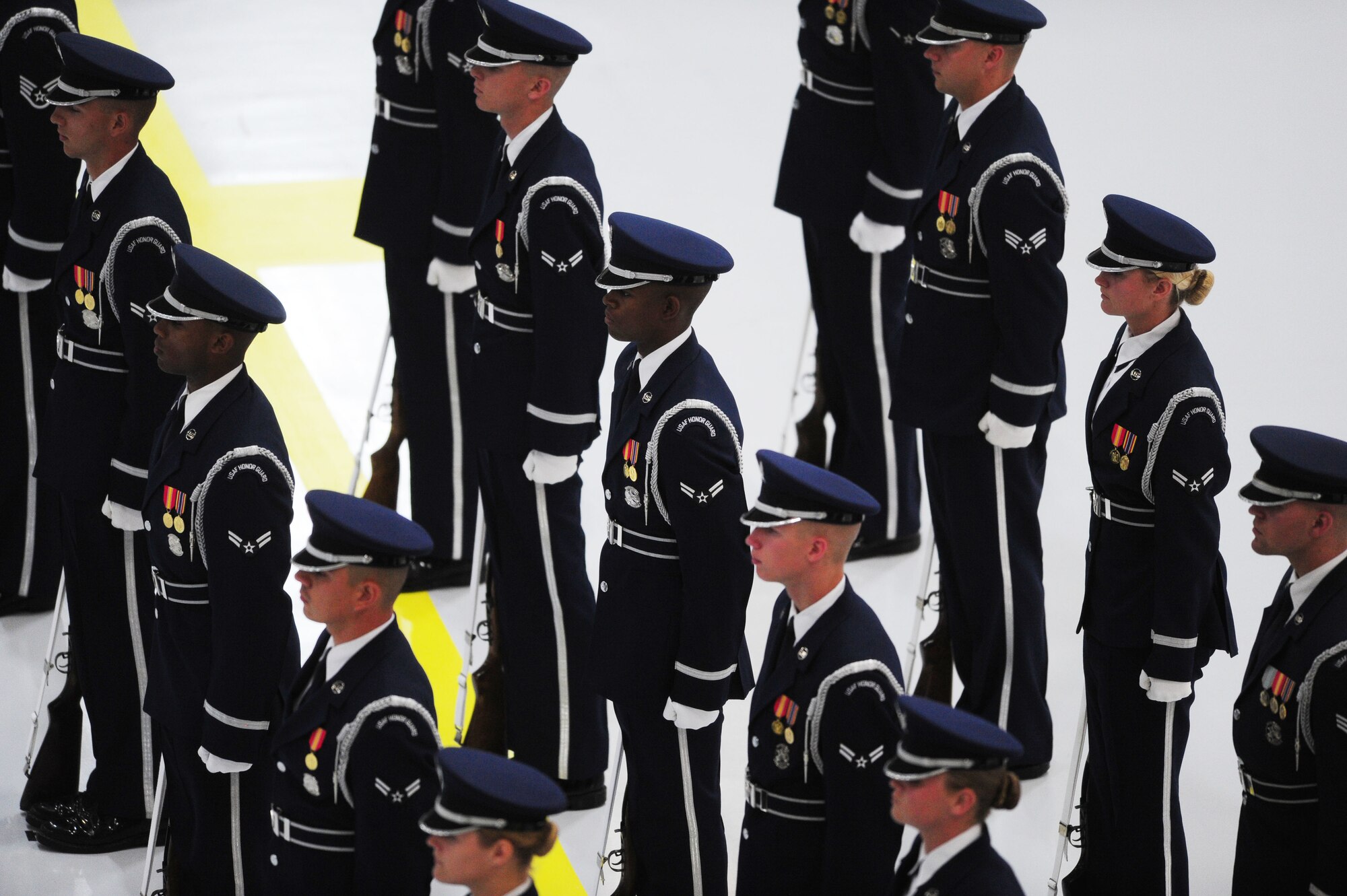 U.S. Air Force Honor Guardsmen stand in formation during Air Force Chief of Staff Gen. Mark Welsh III’s retirement ceremony at Joint Base Andrews, Md., June 24, 2016. Welsh retired effective July 1, 2016 after 40 years of honorable military service. (U.S. Air Force photo by Senior Airman Joshua R. M. Dewberry)