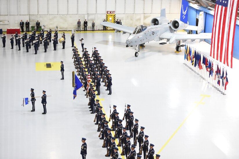U.S. Air Force Honor Guardsmen and Band members perform during Air Force Chief of Staff Gen. Mark Welsh III’s retirement ceremony at Joint Base Andrews, Md., June 24, 2016. Welsh retired effective July 1, 2016 after 40 years of honorable military service. (U.S. Air Force photo by Senior Airman Joshua R. M. Dewberry)