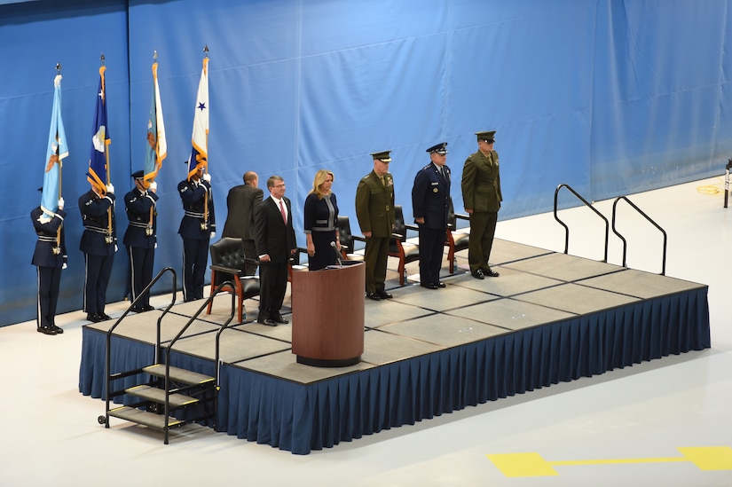 (From left to right) Ash Carter, Secretary of Defense, Deborah Lee James, Secretary of the Air Force, Marine Gen. Joseph Dunford, Chairman of the Joint Chiefs of Staff, Gen. Mark Welsh III, Air Force Chief of Staff, and Marine 1st Lt. John Welsh stand for the presenting of the colors during Gen. Welsh’s retirement ceremony at Joint Base Andrews, Md., June 24, 2016. Welsh retired effective July 1, 2016 after 40 years of honorable military service. (U.S. Air Force photo by Senior Airman Joshua R. M. Dewberry)