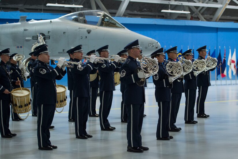 U.S Air Force Band members perform during the retirement ceremony of Air Force Chief of Staff Gen. Mark Welsh III at Joint Base Andrews, Md., June 24, 2016. Welsh retired effective July 1, 2016 after 40 years of honorable military service. (U.S. Air Force photo by Airman 1st Class Rustie Kramer)
