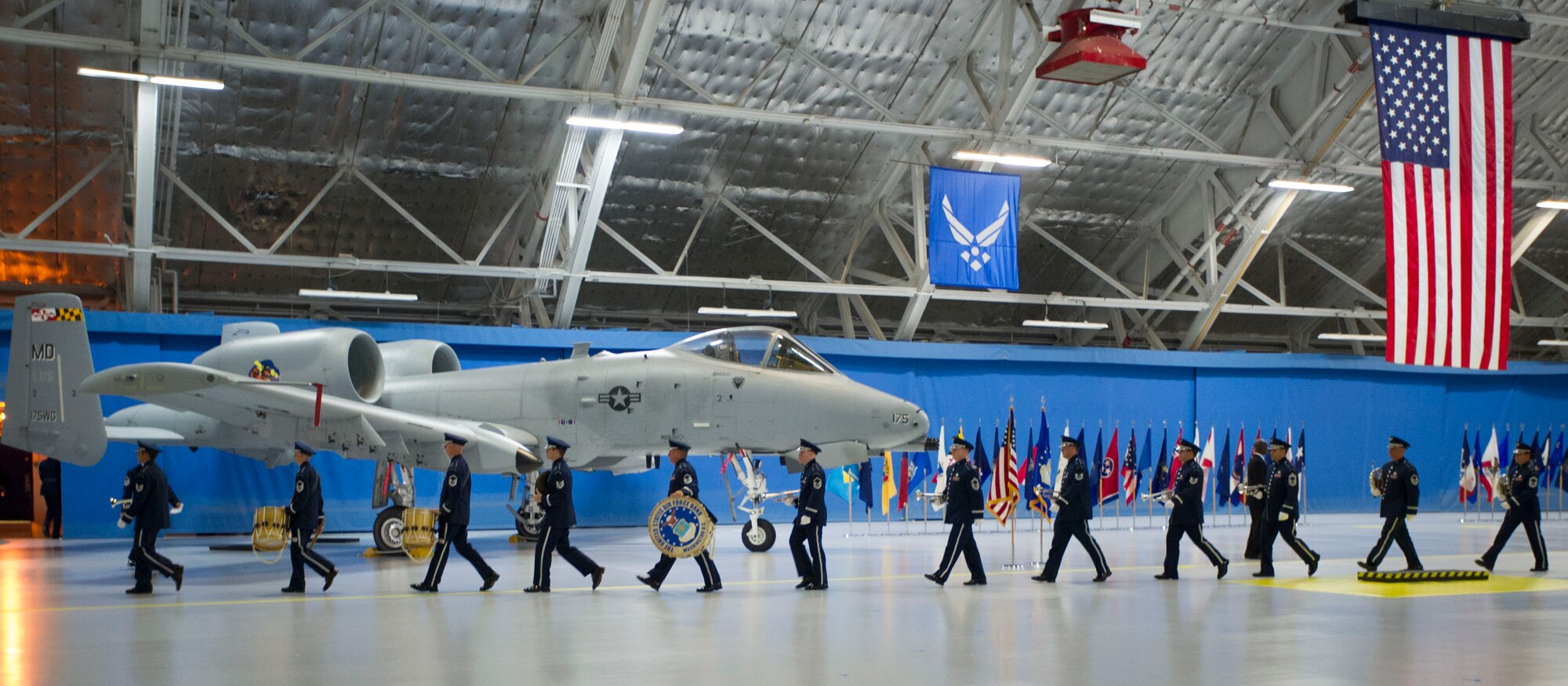 U.S. Air Force Band members depart the retirement ceremony of Air Force Chief of Staff Gen. Mark Welsh III at Joint Base Andrews, Md., June 24, 2016. Welsh retired effective July 1, 2016 after 40 years of honorable military service. (U.S. Air Force photo by Airman 1st Class Rustie Kramer)