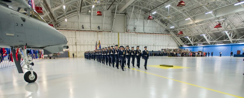 U.S Air Force Honor Guardsmen march in formation during the retirement ceremony of Air Force Chief of Staff Gen. Mark Welsh III at Joint Base Andrews, Md., June 24 2016. Welsh retired effective July 1, 2016 after 40 years of honorable military service with military leaders, personnel, friends and family attending the ceremony. (U.S. Air Force photo by Airman 1st Class Rustie Kramer))