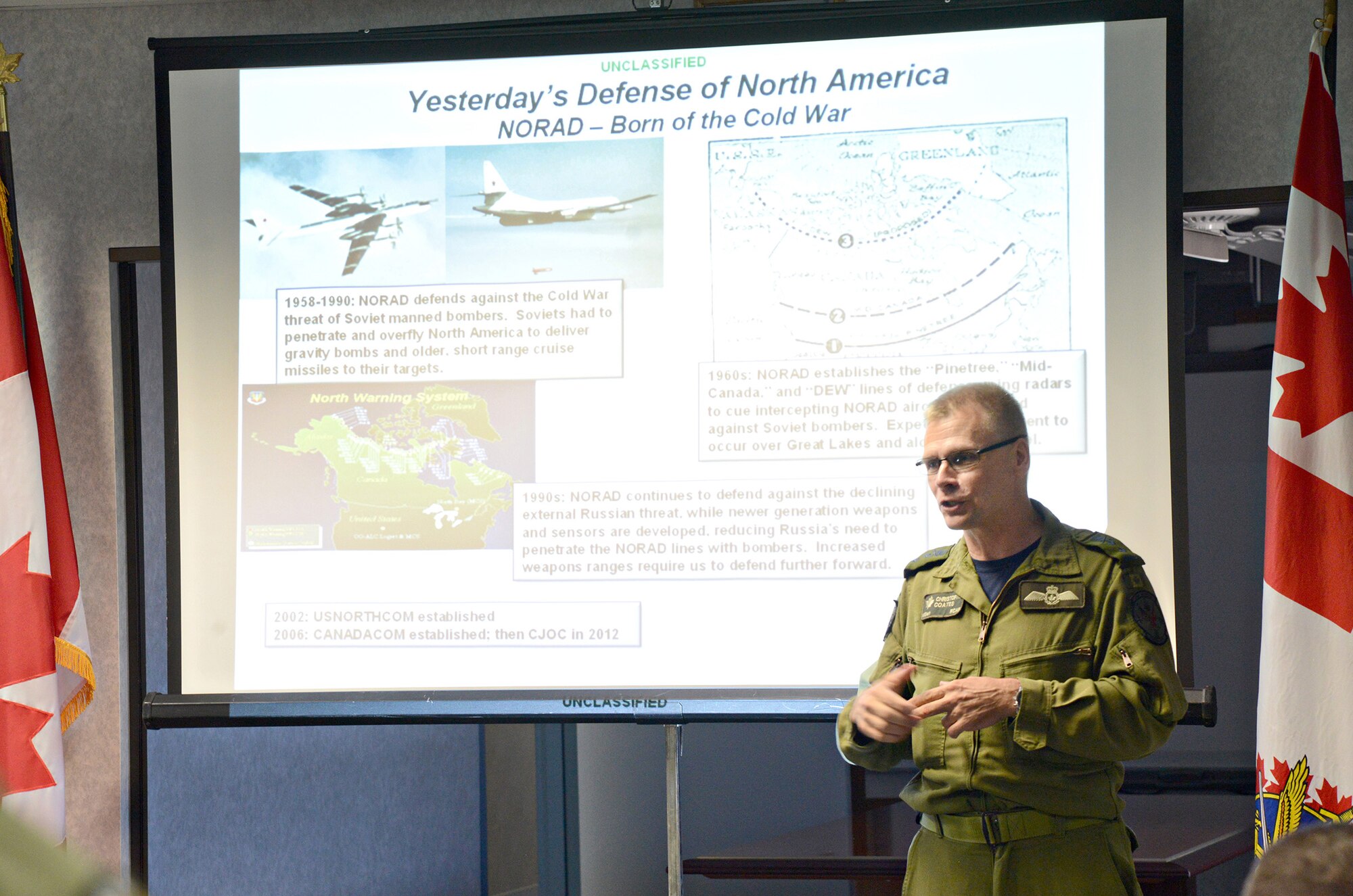 Major General Christopher Coates, director of operations for the North American Aerospace Defense Command (NORAD), spoke to members of the 552nd Air Control Wing’s Canadian Detachment during a visit to Tinker on June 16. (Air Force photo by Kelly White/Released)