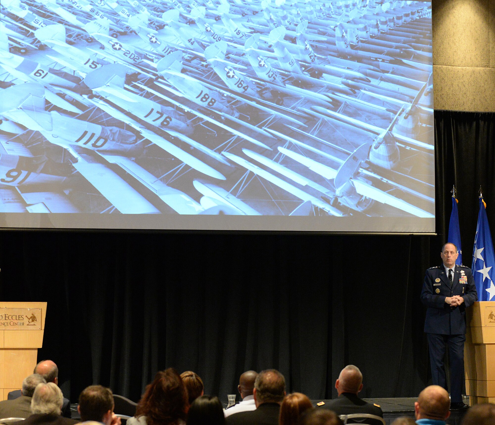 Lt. Gen. Lee K. Levy II, Air Force Sustainment Center commander, spoke to a group of nearly 200 military and civilian Airmen as well as Utah state officials and aerospace industry leaders June 15 in Ogden, Utah. General Levy spoke on the challenges facing the modern aerospace-sustainment enterprise at the Air Force Association-sponsored Focus on Defense Symposium. The theme was “Toward a More Agile Sustainment and Life Cycle Enterprise.” (Air Force photo by Alex R. Lloyd)