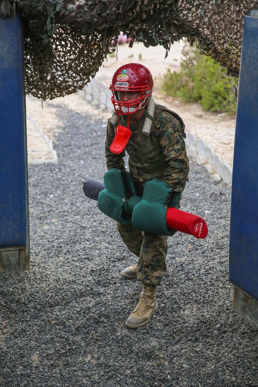 A recruit from India Company, 3rd Recruit Training Battalion, prepare to compete against each other during Pugil Sticks III at Marine Corps Recruit Depot San Diego, June 21. Before each battle, recruits were paired up by their weight to ensure an even match so there weren’t any advantages. Annually, more than 17,000 males recruited from the Western Recruiting Region are trained at MCRD San Diego. India Company is scheduled to graduate July 15.