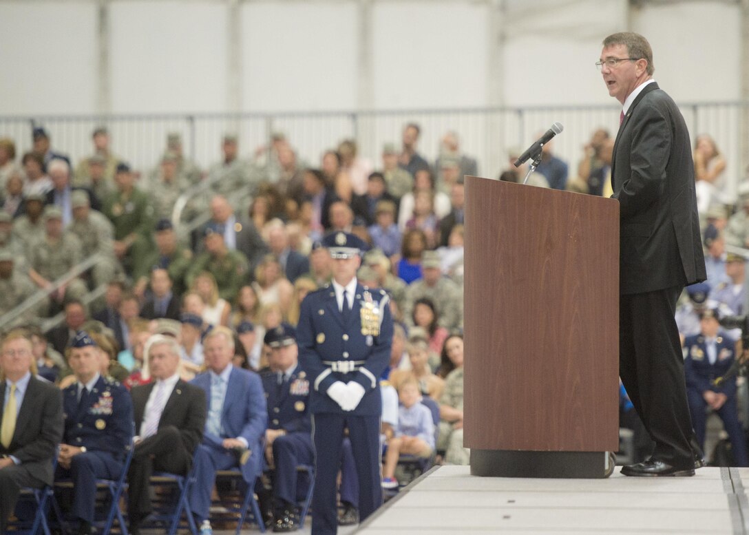 Defense Secretary Ash Carter delivera remarks at the retirement ceremony for Air Force Chief of Staff Gen. Mark A. Welsh III at Joint Base Andrews, Md., June 24, 2016. DoD photo by Navy Petty Officer 2nd Class Dominique A. Pineiro