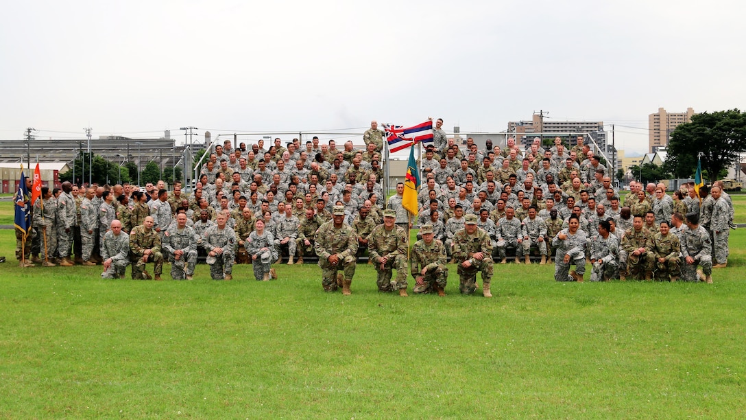 Pacific Reserve, guard Soldiers wrap up Imua Dawn 2016 with a group photo, Sagamihara Depot, Kanagawa, Japan, June 25, 2016. Imua Dawn 2016 focused on maneuver support operations and enhancing cooperative capabilities in mobility, Humanitarian Assistance and Disaster Relief (HADAR), Noncombatant Evacuation Operations (NEO), and sustainment support in the event of natural disasters and other crises that threaten public safety and health in the Pacific region.