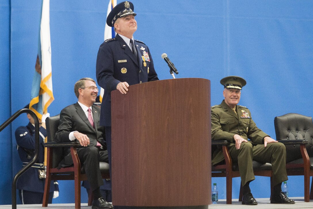 Gen. Mark A. Welsh III, Air Force Chief of Staff, delivers remarks during his retirement ceremony at Joint Base Andrews, Md., June 24 2016. Welsh was commissioned as an Air Force officer in June 1976, and became chief of staff in August 2012. DoD Photo by Navy Petty Officer 2nd Class Dominique A. Pineiro
