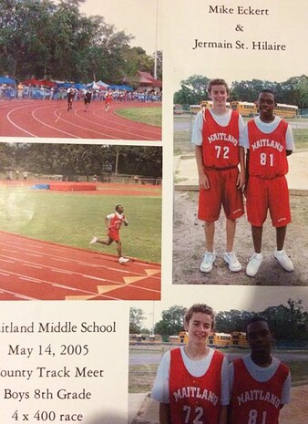 U.S. Marine Corps Sgt. Michael Eckert, left, poses with his friend Jermain St. Hilaire, right, during a county track meet on at Maitland Middle School in Maitland, Fla., May 14, 2005. Eckert participated in a plethora of sports, to include water polo, tennis, basketball, soccer, baseball, football, cross country, rock climbing and the varsity track team. Growing up as an athlete set Eckert up for success once he joined the U.S. Marine Corps in 2013, as physical fitness became his passion and helped him dominate the athletic aspects of being an active duty service member. (Courtesy Photo)