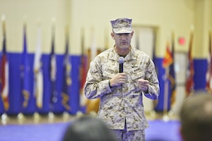 Brig. Gen. Francis L. Donovan the incoming commander, task force (CTF) 51 and commander, 5th Marine Expeditionary Brigade (5th MEB), address the audience at the change of command ceremony held at Naval Support Activity Bahrain. Donovan relieved Maj. Gen. Carl E. Mundy, III as commander of the blue-green team.