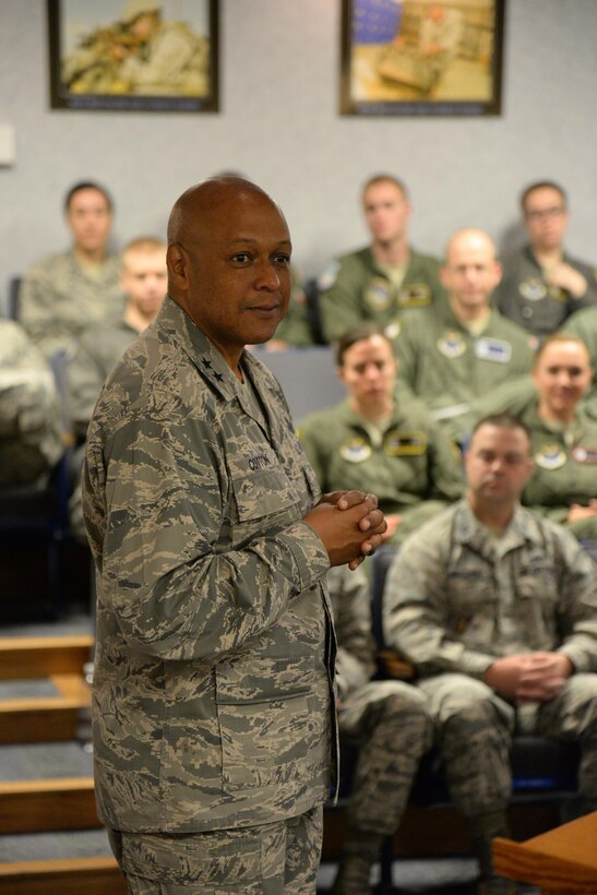 Maj. Gen. Anthony Cotton, 20th Air Force and Task Force 214 commander, speaks to missile combat crew members from the 341st Operations Group during a visit to Malmstrom Air Force Base, Montana, June 21, 2016. Cotton visited the base June 19-21 and met with Airmen from the nuclear and missile operations career field to discuss upcoming changes as the Air Force begins to implement a restructure for the 13N career field. (U.S. Air Force photo/Airman 1st Class Magen Reeves)