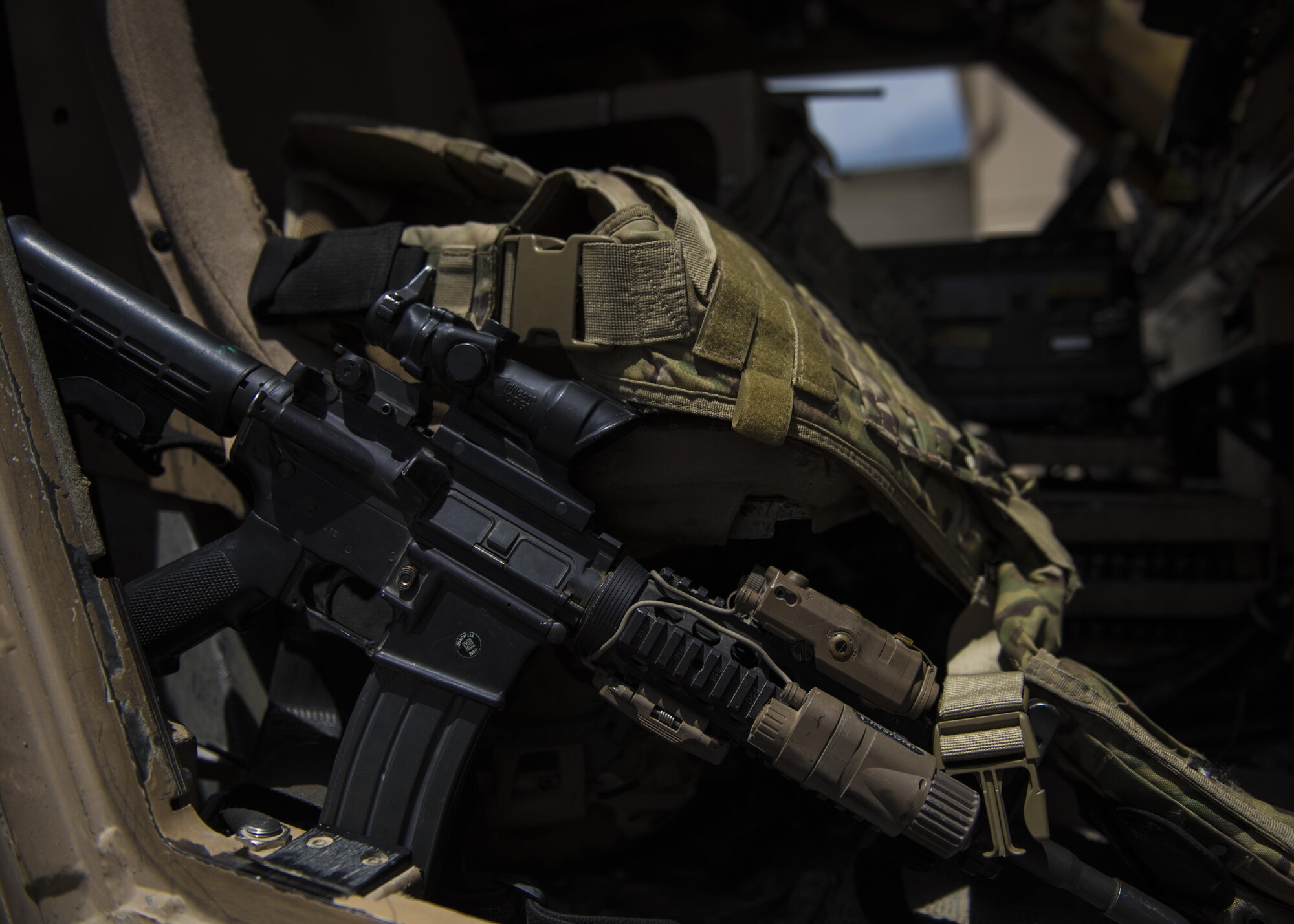 The 455th Expeditionary Security Forces Squadron serves as a crucial part in the ongoing effort to secure the flightline and keep operations going, June 27, 2016, Bagram Airfield, Afghanistan. In order to do this, 455th ESFS quick reaction force team members make sure authorized personnel are only allowed on the flightline and the perimeter remains intact. (U.S. Air Force photo by Senior Airman Justyn M. Freeman)