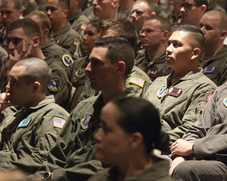 90th Operations Group Airmen listen to Maj. Gen. Anthony Cotton, 20th Air Force and Task Force 214 commander, discuss the final restructure plan to the Nuclear and Missile Operations career field during a commander’s call in the F.E. Warren Air Force Base, Wyo., theater June 23, 2016. The restructure will be a four to five year process beginning in fiscal-year 2017. (U.S. Air Force photo/Airman 1st Class Malcolm Mayfield)