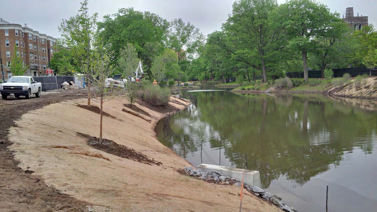 Note the beginning of plantings on the left bank, looking downstream.