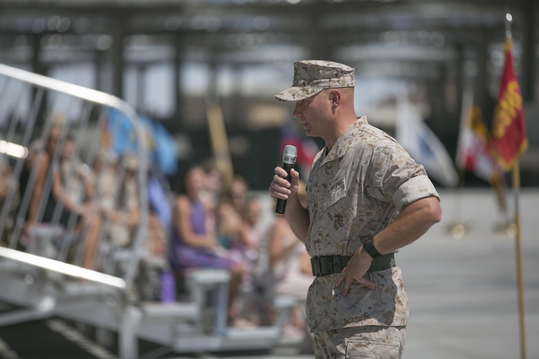 Lt. Col. Lee Rush, outgoing commanding officer, 1st Tank Battalion, addresses the audience during the battalion’s change of command at the tank ramp, June 22, 2016. (Official Marine Corps photo by Cpl. Thomas Mudd/Released)