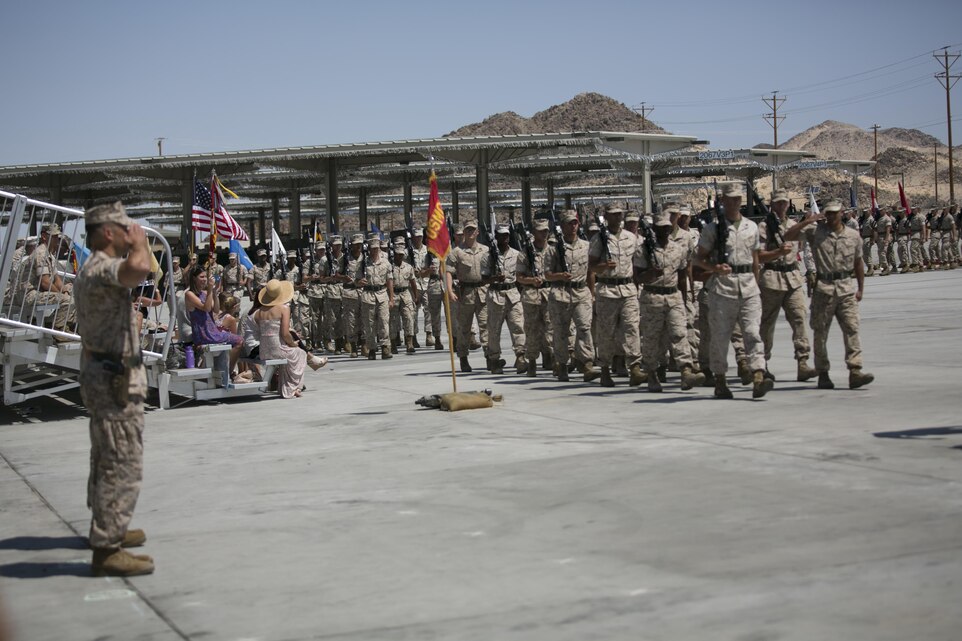 Marines of 1st Tank Battalion conduct a pass in review during the battalion’s change of command at the tank ramp, June 22, 2016. (Official Marine Corps photo by Cpl. Thomas Mudd/Released)