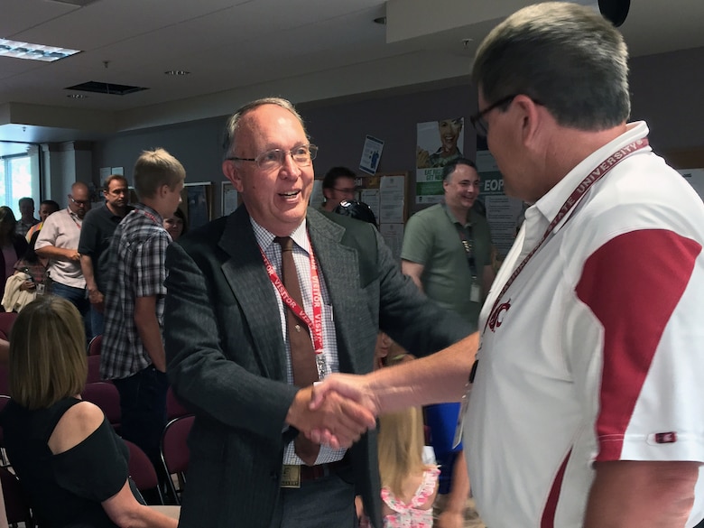 A standing-room-only crowd of Walla Walla District employees, retirees, and family members honored Wayne H. John, retired Walla Walla District chief of Operations Division, as he was recognized as the Distinguished Civilian Employee of the Year during a June 24 ceremony at the District Headquarters in Walla Walla, Washington.