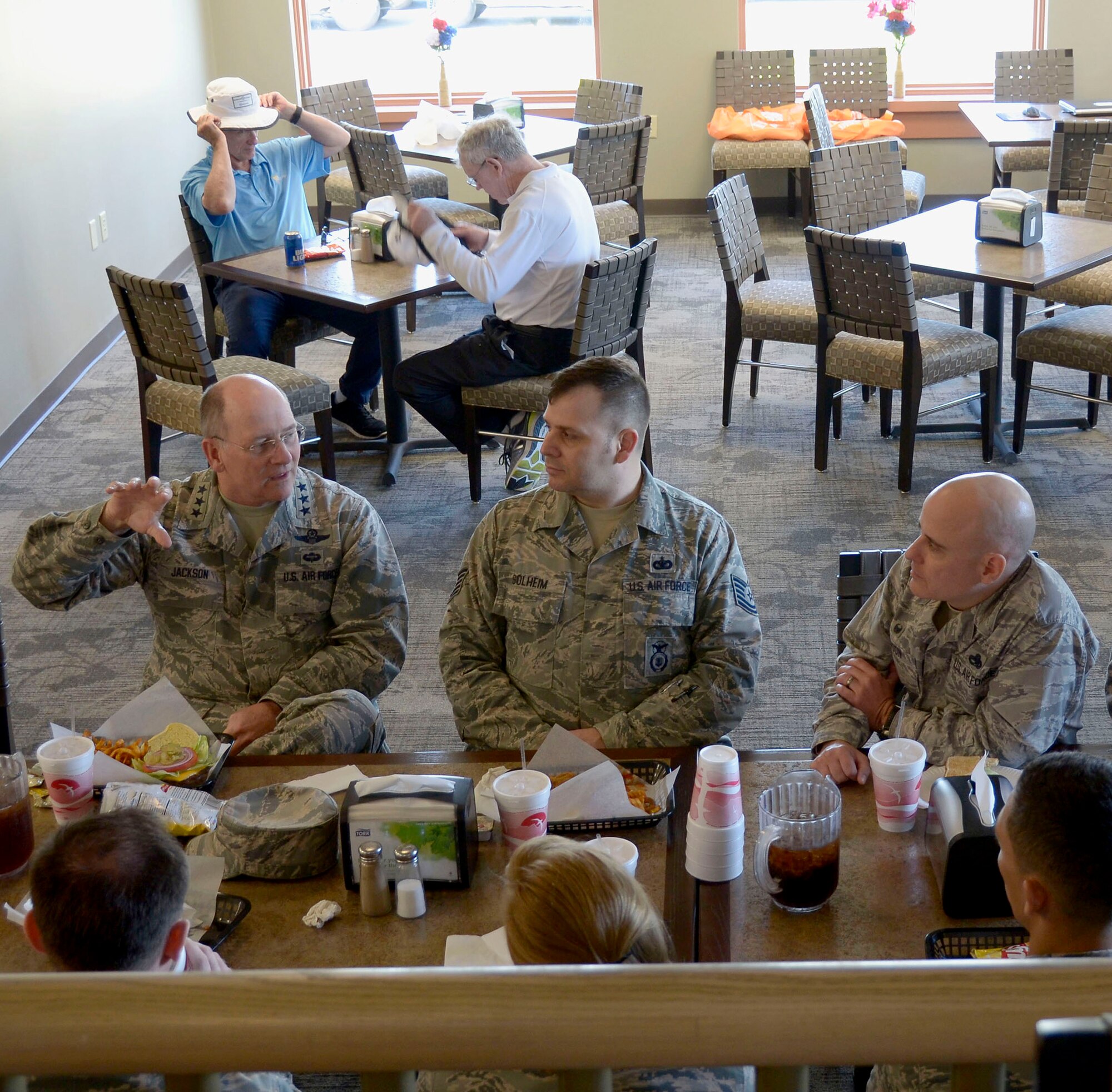 Fifteen Airmen from the 445th Airlift Wing had a one-on-one question and answer session with Lt. Gen. James F. Jackson, commander, Air Force Reserve Command, during their lunch with the general at Wings Grill and Lounge, located at the Wright Patterson AFB Consolidated Club, June 6, 2016. (U.S. Air Force photo/Senior Airman Joel McCullough)