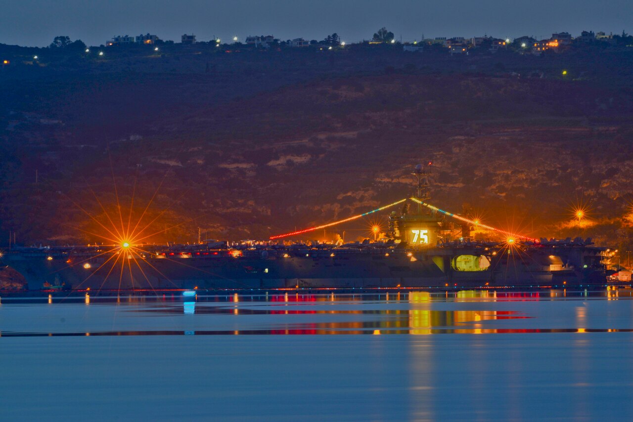 The aircraft carrier USS Harry S. Truman is pictured moored during a port call in Souda Bay, Greece, June 21, 2016. The Harry S. Truman Carrier Strike Group is deployed in support of Operation Inherent Resolve, maritime security operations and theater security cooperation efforts in the U.S. 6th Fleet’s area of operations. In a June 27, 2016, statement, Defense Secretary Ash Carter congratulated Prime Minister Haider al-Abadi and the Iraqi people for freeing the city of Fallujah from the grip of the Islamic State of Iraq and the Levant. Navy photo by Heather Judkins